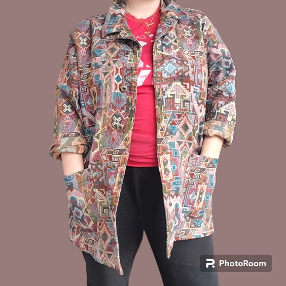 Vtg 90s Carole Little Southwestern Oversized Tapestry Shacket Jacket - Picture 5 of 10